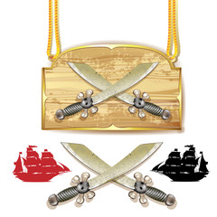 Pirate swords over wood banner and white