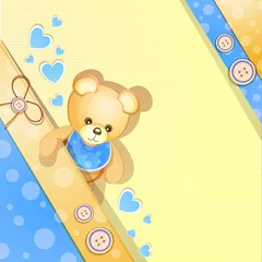 Photo sur Plexiglas Ours Carte de fête de naissance bleue avec un joli ours en peluche