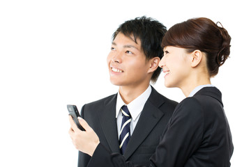 Young asian smiling business woman and businessman