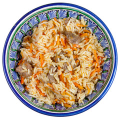 top view on traditional asian pilau with meat