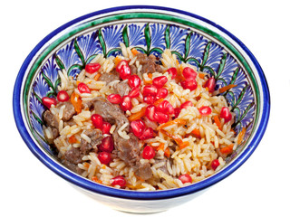 traditional asian pilaf with pomegranate seeds