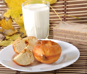 Breakfast. Glass of milk and donut 