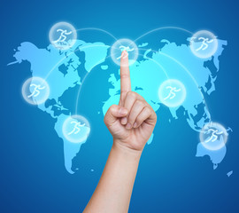 Hand pushing sport running button on a touch screen interface