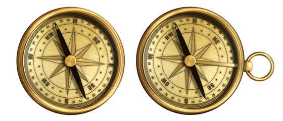 aged brass antique nautical pocket compass set isolated on white