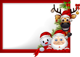cartoon santa claus ,deer and snowman with blank sign