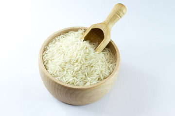 Basmati rice in wooden pot isolated on white background
