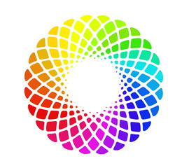 Image of hand drawing and digital circle, rainbow background