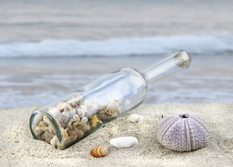 Glasflasche mit Meeresschätzen am Strand