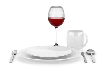 table setting with glass of red wine isolated on white