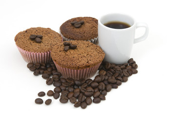 Coffee beans , muffin and coffee cup