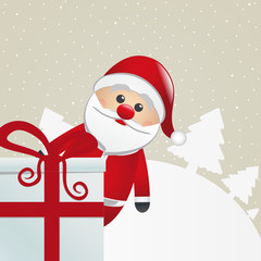 santa behind gift box white winter landscape