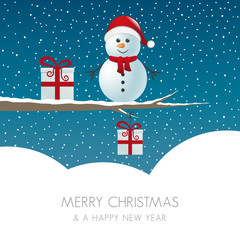 snowman figure on branch snowy winter landscape