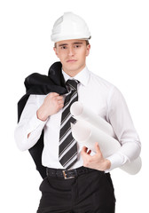 Engineer in white hard hat with blueprint in hand