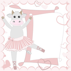 Greeting card with cute cow ballet dancer