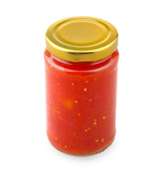 preserved tomatoes in a jar isolated on white