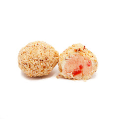 white chocolate candy with cherry and marzipan inside.