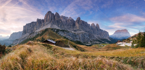Summer view of Sella Mountain, passo Gardena