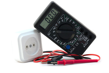 multimeter with electrical outlet on a white background