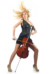 Fototapeta na wymiar Performer Kobieta z wiolonczelą na białym