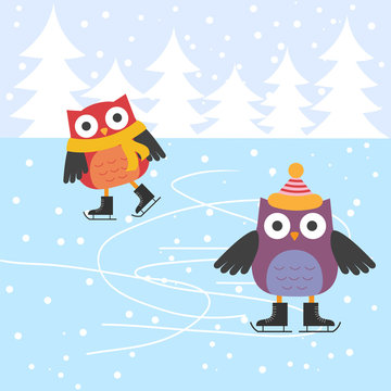 Ice skating cute owls