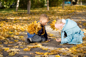 Young Children with Fallen Yellow Leaves in a Park