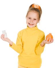 Cute girl with orange and bottle