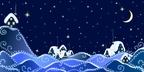 Christmas Landscape of winter night in village