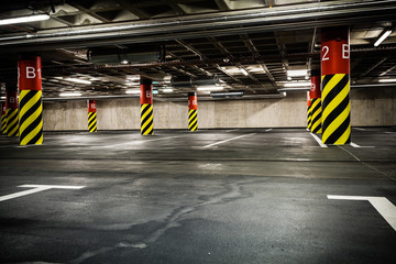 Parking garage in basement, underground interior