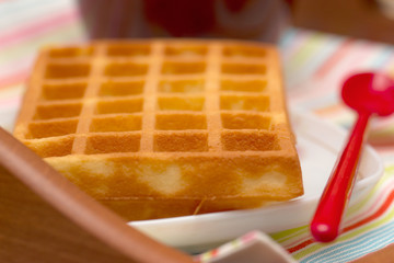 Close-up waffle and red spoon