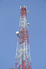 Mobile tower communication antennas with blue sky background
