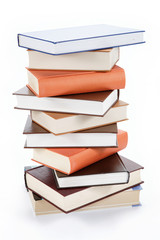 A stack of books on a white background.