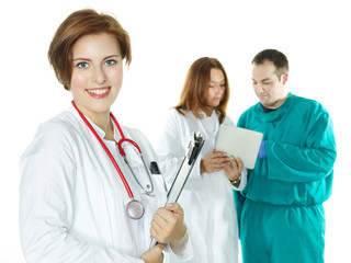 Team of doctors, surgical team with touchpad