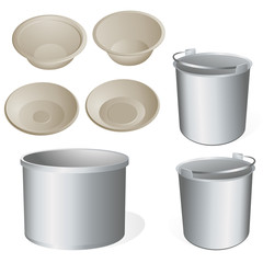 Dishes and stainless steel bucket.