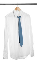 shirt with tie on wooden hanger isolated on white