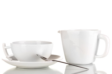 A cup of strong coffee and sweet cream isolated on white