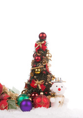 Red christmas ball with snow on white background