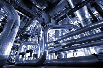 Industrial zone, Steel pipelines and cables in blue tones