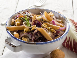pasta with chicory and nuts, vegetarian food