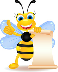 happy bee cartoon with blank sign