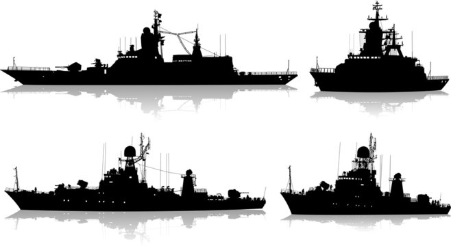 Vector set of four silhouettes of military ship