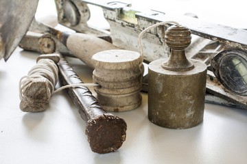 Construction masonry cement mortar tools on white