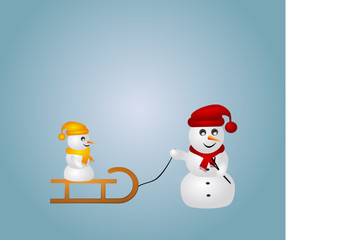 Schneemann mit Schlitten freigestellt
