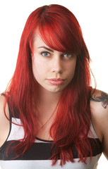 Obraz premium Cynical Lady in Striped Shirt and Red Hair
