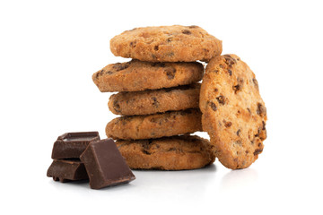 Chocolate cookies whit pieces chocolate, isolated on white backg