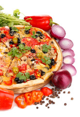 Delicious pizza with ingredients around isolated on white