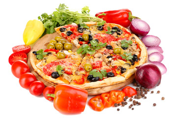Delicious pizza with ingredients around isolated on white