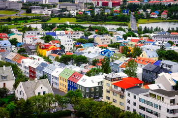 Reykjavik city bird view of colorful houses, Iceland - obrazy, fototapety, plakaty
