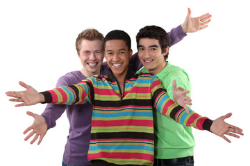 Obraz premium Three male friends making welcome gesture