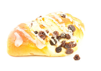 Delicious and creamy bread and butter pudding with raisins on th