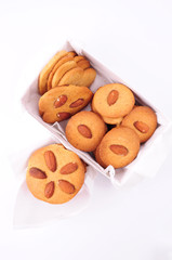 Almond cookies on white background. Christmas baking.
